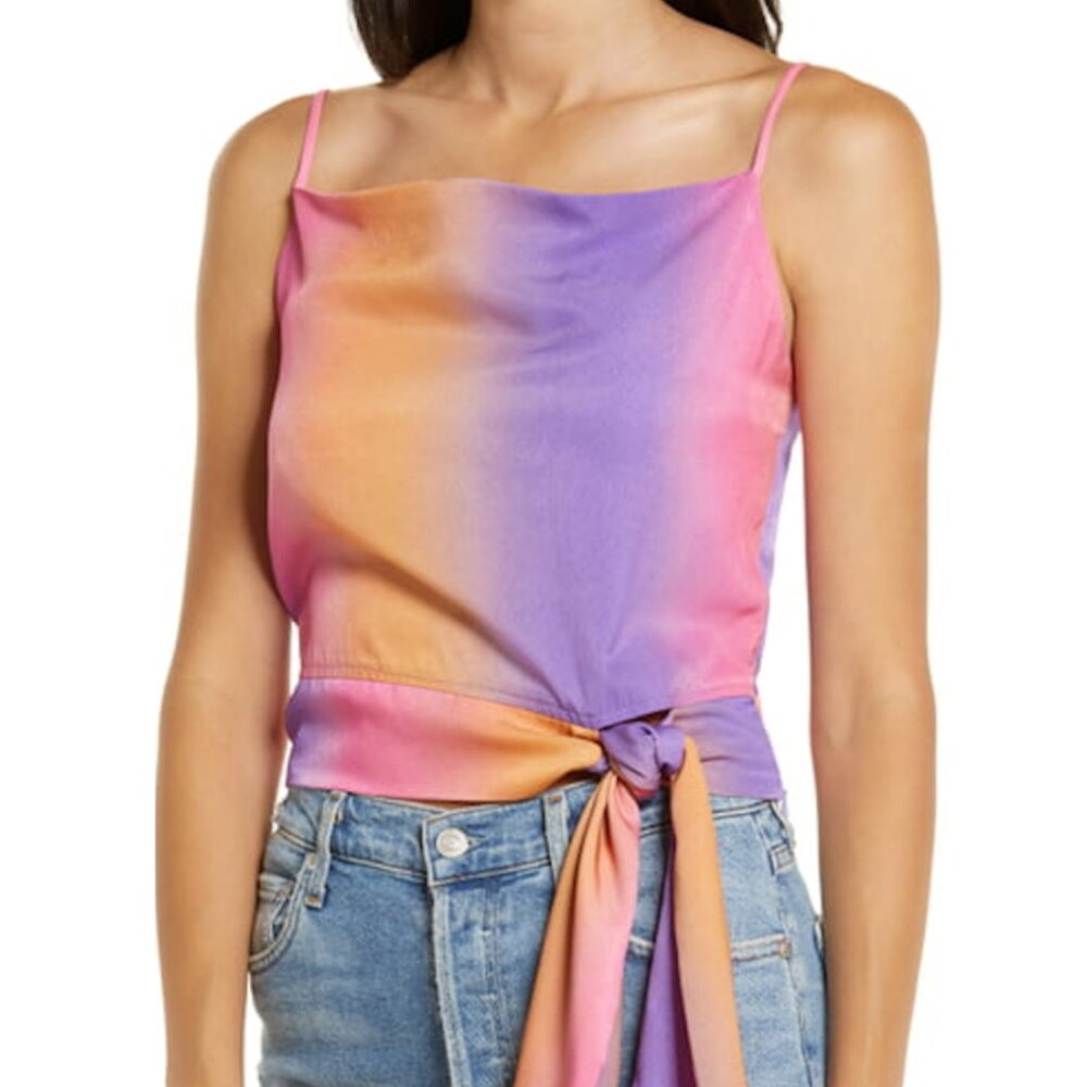 NWT 4Si3nna Elodie Tie Waist Crop Tank Sz L Pink Orange Purple Summer Fe…